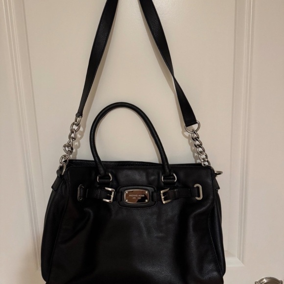 Michael Kors Black Hamilton Large Leather Silver Chain Satchel Bag Purse - Picture 3 of 3